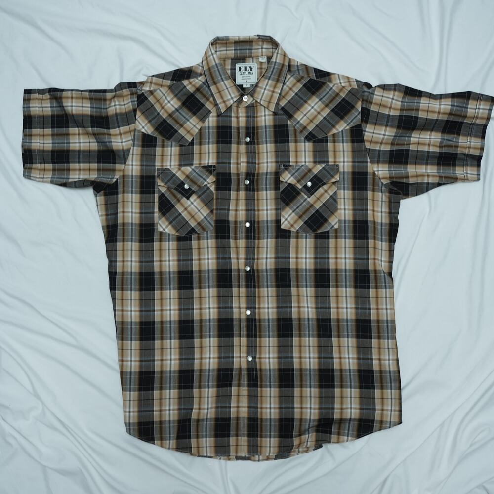 Ely Cattleman Plaid Pearl Snap Western Shirt Mens L Short Sleeve